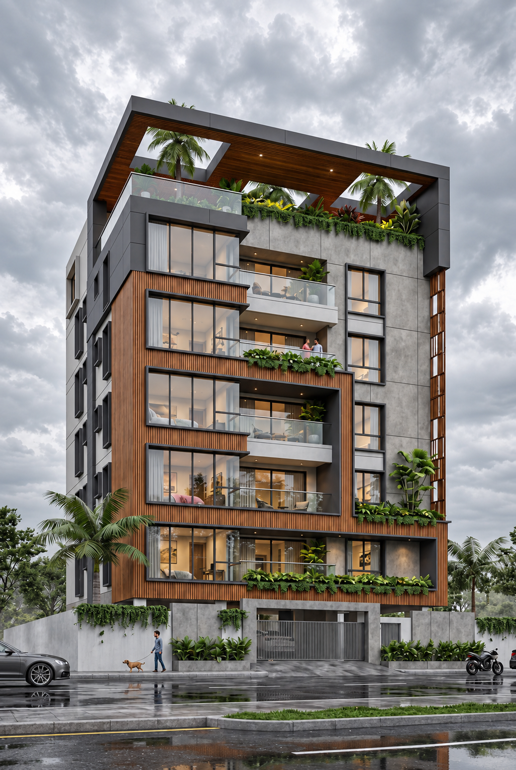 Earth One — five-storey residence in daylight, teak louvres and planted terraces