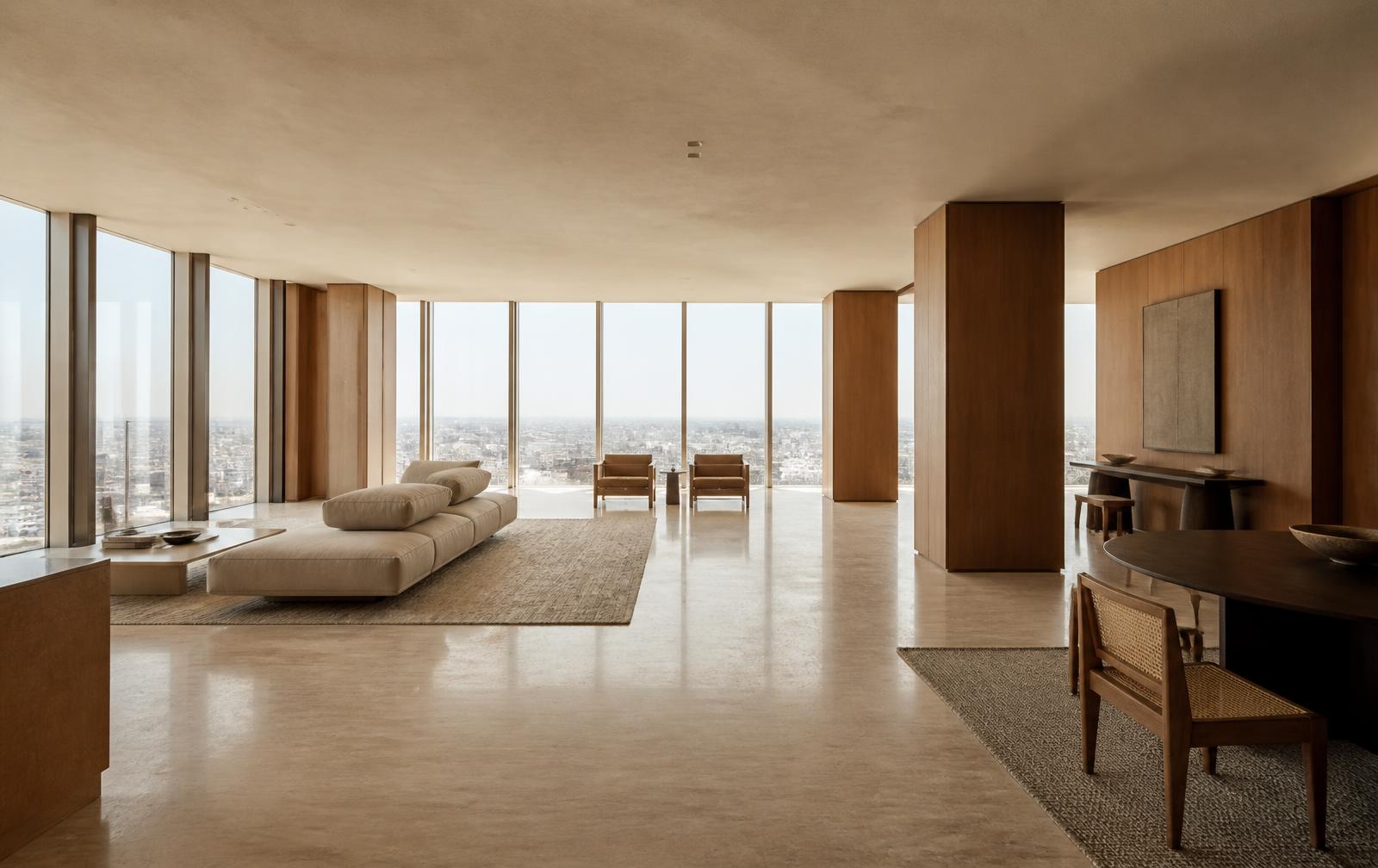 Interior of a full-floor Earth One residence with travertine floors and teak joinery